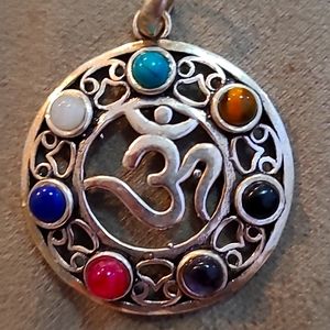 Om Omkar Chakra Mandala Amulet, sterling silver with Chakra colored glass beads